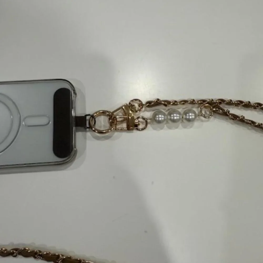 Tan Faux Pearl & Leather Chain Crossbody Phone Lanyard NEW